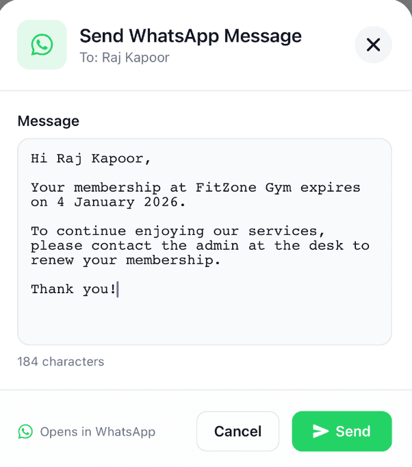 A renewal message composed inside GymConnec8, addressed to a member by name with their membership expiry date already filled in, ready to send on WhatsApp.